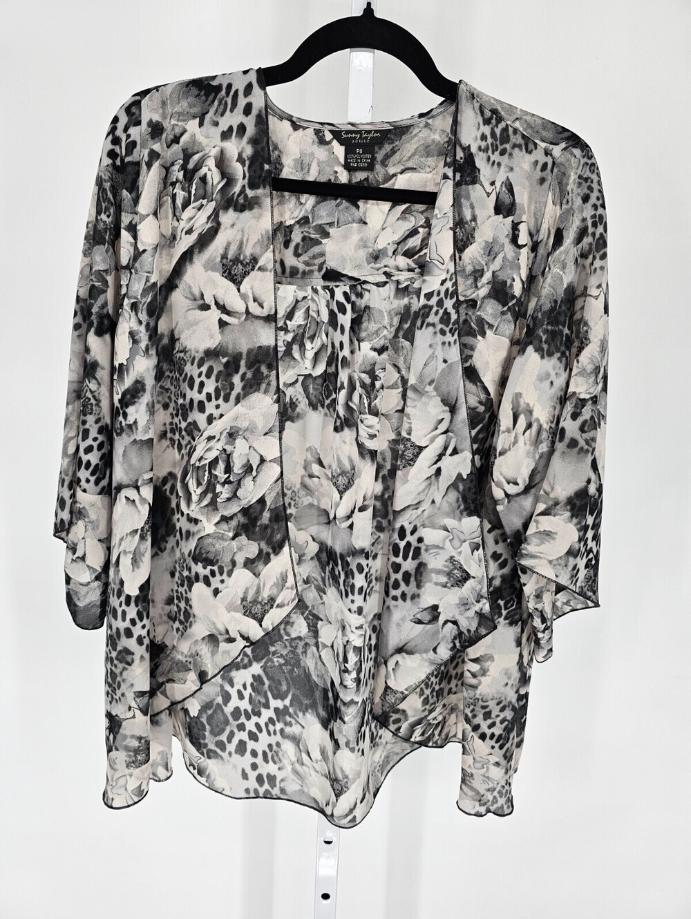 Sunny Taylor womens Sz PS Petite Open Front Blouse Black Gray Marbled Sheer